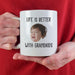 Personalized grandkids mug held against a red shirt with custom child photo.