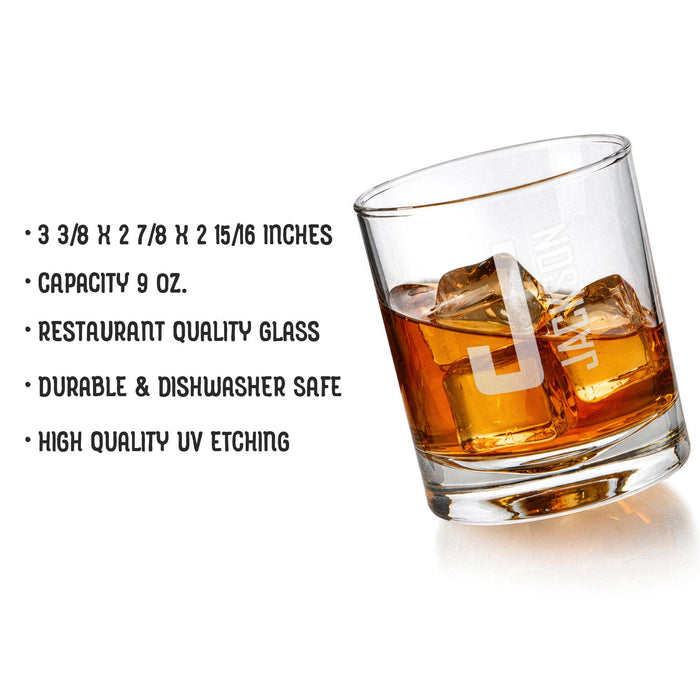 Product information image showing the glass dimensions, 9 oz capacity, restaurant-quality material, dishwasher-safe durability, and high-quality UV etching. A tilted glass showcases the shape and engraving clarity.