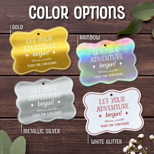 The “Let Your Adventure Begin” personalized wedding gift tag design shown in Gold, Rainbow, Metallic Silver, and White Glitter foil finishes. Custom foil cardstock tags are perfect for weddings, bridal showers, and engagement gifts.
