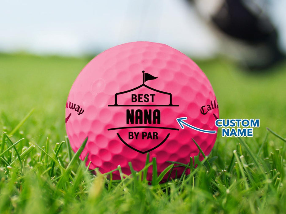 Name standards for designs shown with arrow pointing to custom name. Design is seen on a pink Callaway golf ball on a golf course.