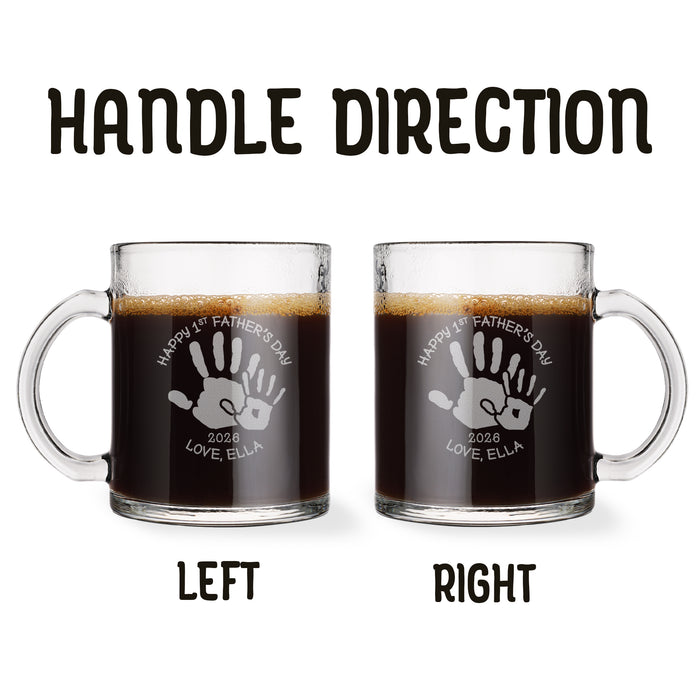 Two identical glass mugs with the text engraved on them. Each showcasing handle direction, LEFT or RIGHT.