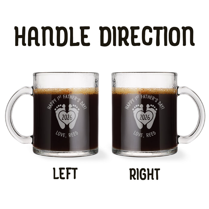 Two identical glass mugs with the text engraved on them. Each showcasing handle direction, LEFT or RIGHT.