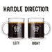 Two identical glass mugs with the text engraved on them. Each showcasing handle direction, LEFT or RIGHT.