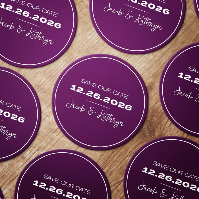Personalized Save the Date coasters shown in an alternate color option. Modern wedding favor design with custom names and date.
