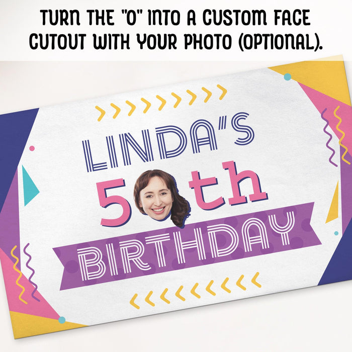 Optional face cutout feature showing how a customer's photo can be incorporated into the birthday age design.