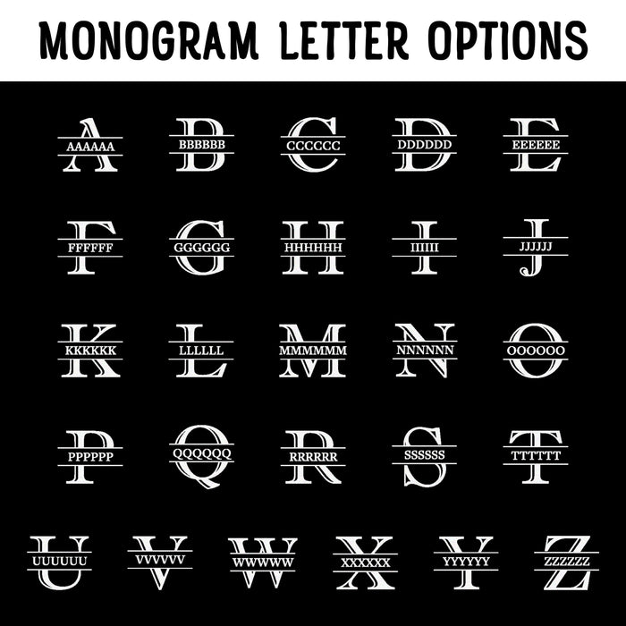 Monogram letter options graphic showing the full alphabet in the same initial style. This image helps customers choose their preferred letter for personalization.