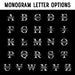 Monogram letter options graphic showing the full alphabet in the same initial style. This image helps customers choose their preferred letter for personalization.