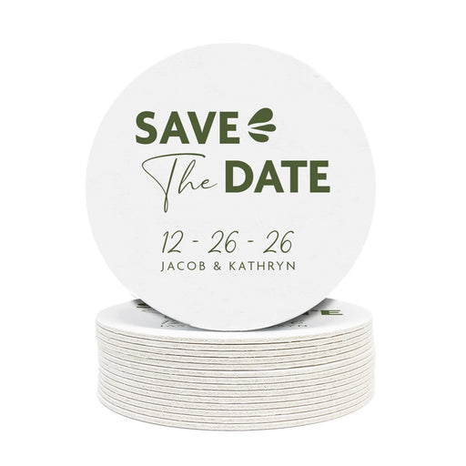 Save the Date wedding coaster featuring a modern script and bold text design with custom names and wedding date. Printed on heavyweight absorbent paper coaster material.