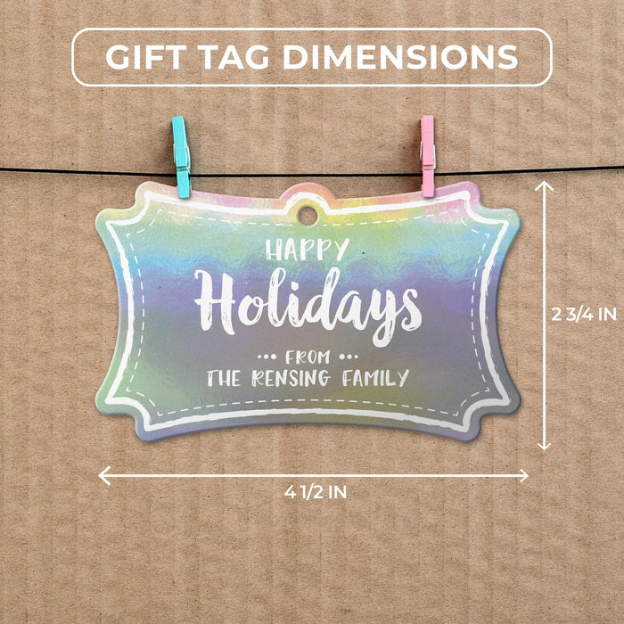 Slim rectangle Christmas gift tag size guide showing dimensions on kraft paper with colorful mini clothespins.