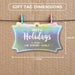 Slim rectangle Christmas gift tag size guide showing dimensions on kraft paper with colorful mini clothespins.