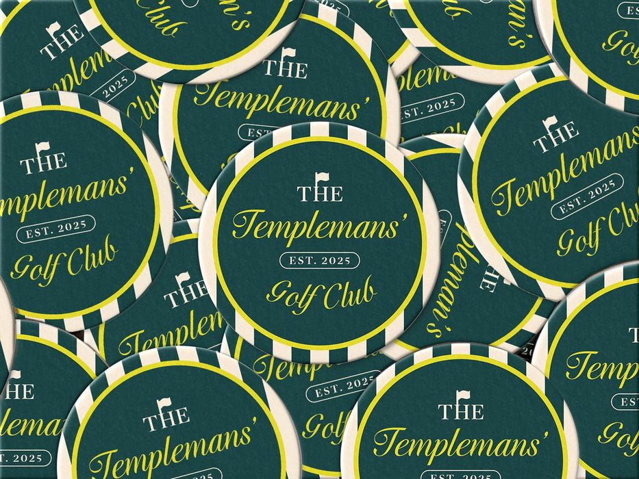 Custom round pulpboard coasters are shown spread out on a surface. The custom coasters feature design printed with script and serif customizable text and striped background.