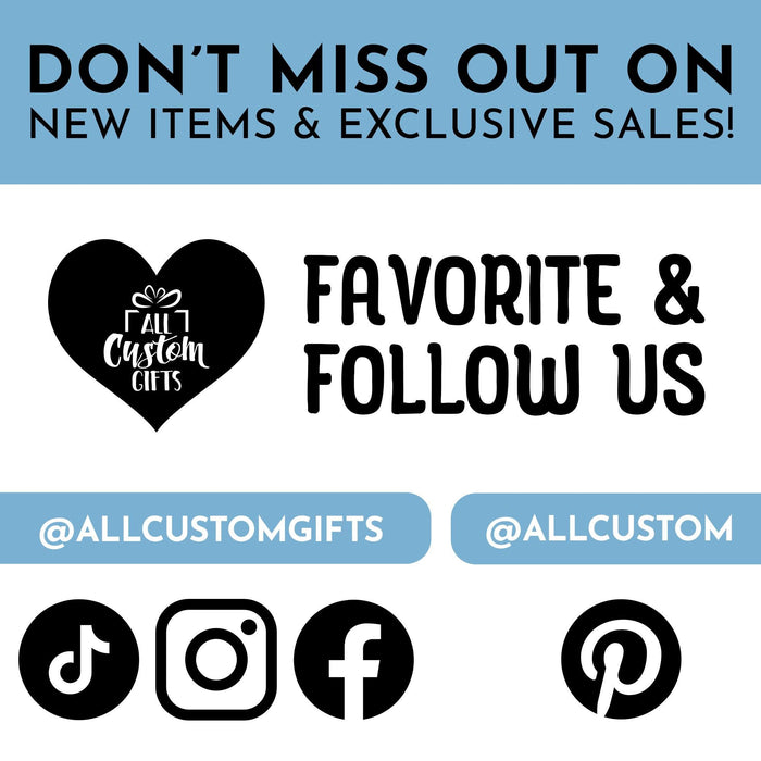 All Custom Gifts social media graphic encouraging customers to favorite and follow the shop.