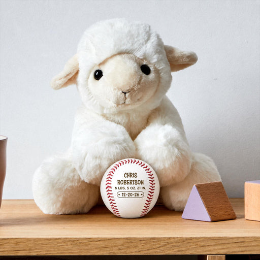 Personalized engraved baseball birth announcement displayed beside a plush lamb and baby nursery decor on a wooden shelf.