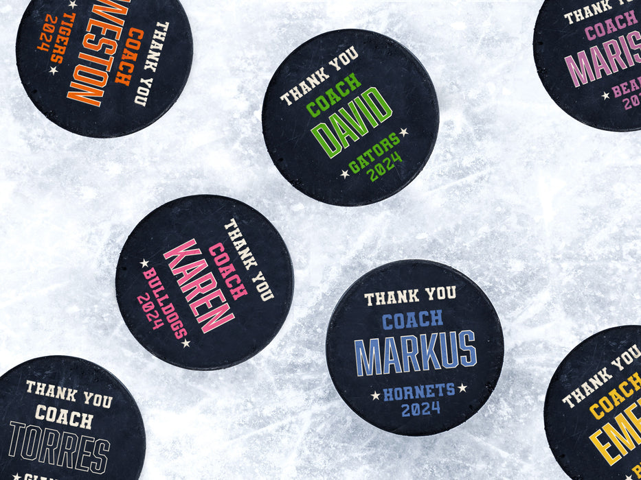 multiple hockey pucks on top of ice with printed coach designs with different colors, names, years, etc