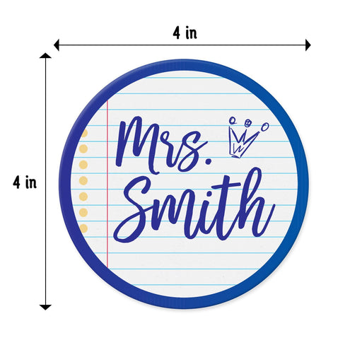 Close-up of notebook style coaster with dimensions shown. Highlights 4-inch round size and design layout.