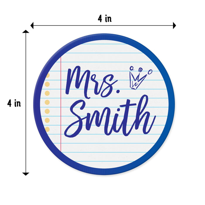 Close-up of notebook style coaster with dimensions shown. Highlights 4-inch round size and design layout.