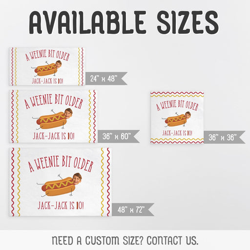 Available size options for the personalized hot dog birthday banner, including four banner sizes and custom sizing information.