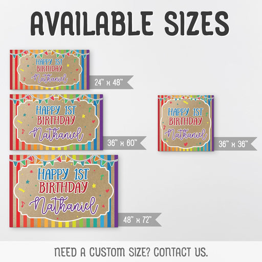 Size guide graphic showing available printed banner dimensions including 24x48, 36x60, 48x72, and 36x36 for the birthday backdrop.