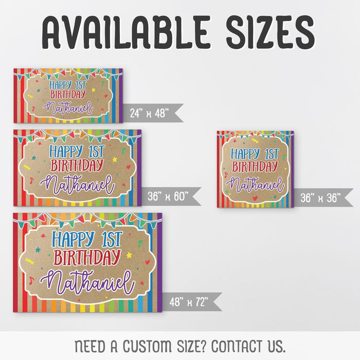 Size guide graphic showing available printed banner dimensions including 24x48, 36x60, 48x72, and 36x36 for the birthday backdrop.