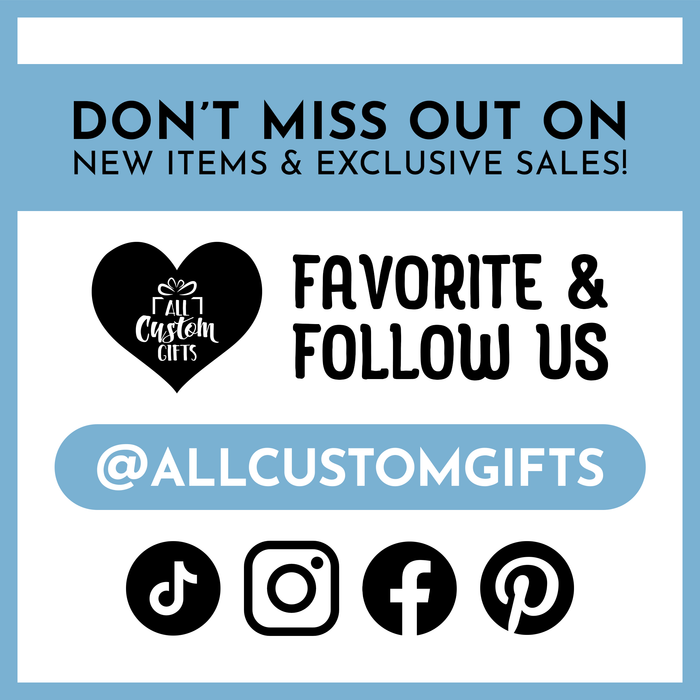 a promotional message for a business called "All Custom Gifts", which offers new items and exclusive sales. The message encourages people to follow the business by liking, sharing, and engaging with their social media pages.
