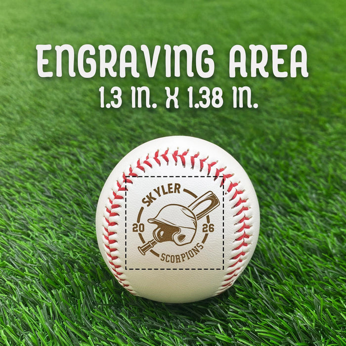 A baseball with a personalized message engraved on it, placed on a grassy surface. Accompanied by a text overlay that reads Engraving Area is 1.3 in X 1.38 in
