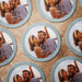 Personalized photo Save the Date coasters shown in multiple color options. Features a custom photo with names and wedding date.