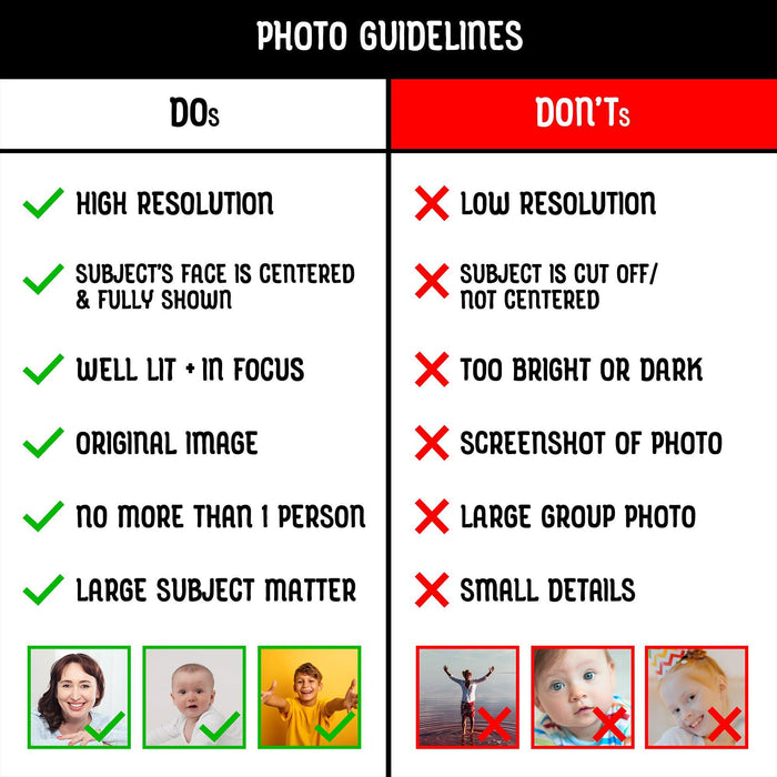 Photo guidelines for choosing a clear, high-resolution image for a personalized photo mug.