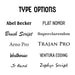 a collection of various font styles including "Abel Becker", "Plat NOMOR", "Brush Script", "Superclarendon", "Arno Pro", "TRAJAN PRO", "Westhouse", "VENTURA EDDING", "Jr Hand", and "Zephyr Script".