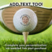 Custom printed double-sided golf ball is shown printed with a face image and text around it. The text on this image reads, "Add text too! Complete your personalization via email link post-purchase."