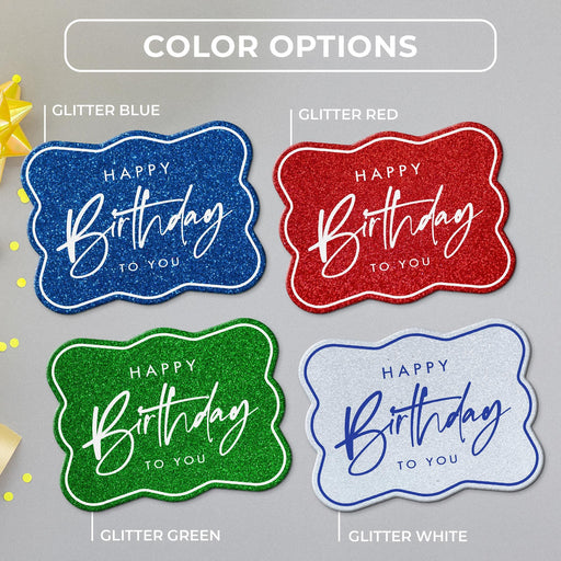 Birthday tag color options in glitter blue, glitter red, glitter green, and glitter white shown together.