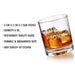 Product information image showing the whiskey glass size, 9 oz capacity, restaurant-quality glass, dishwasher-safe durability, and high-quality UV etching. The tilted glass helps showcase the shape and premium finish of the personalized rocks glass.