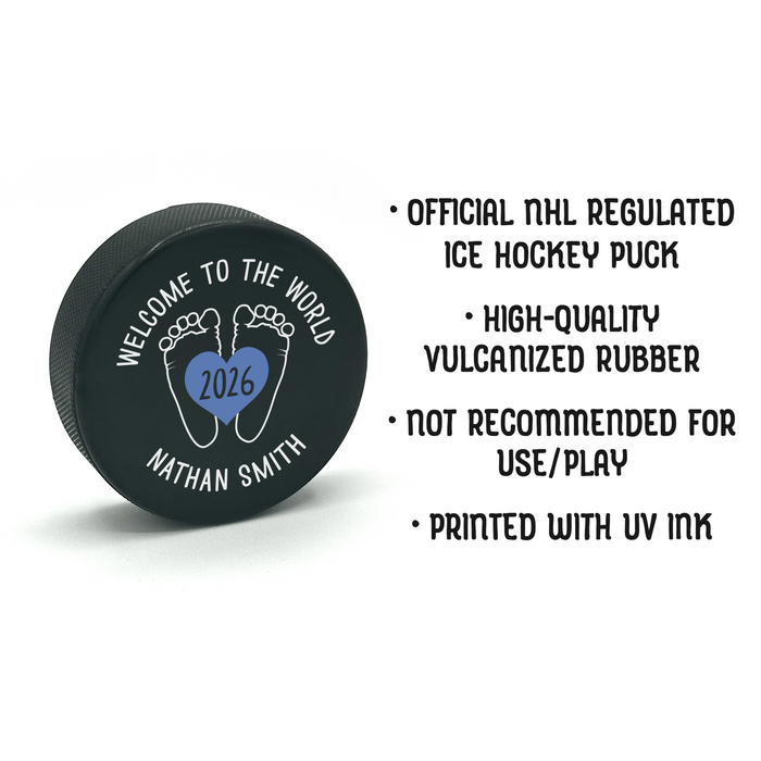 Product details graphic showing the UV printed baby birth announcement hockey puck with notes about material, size, and display use.