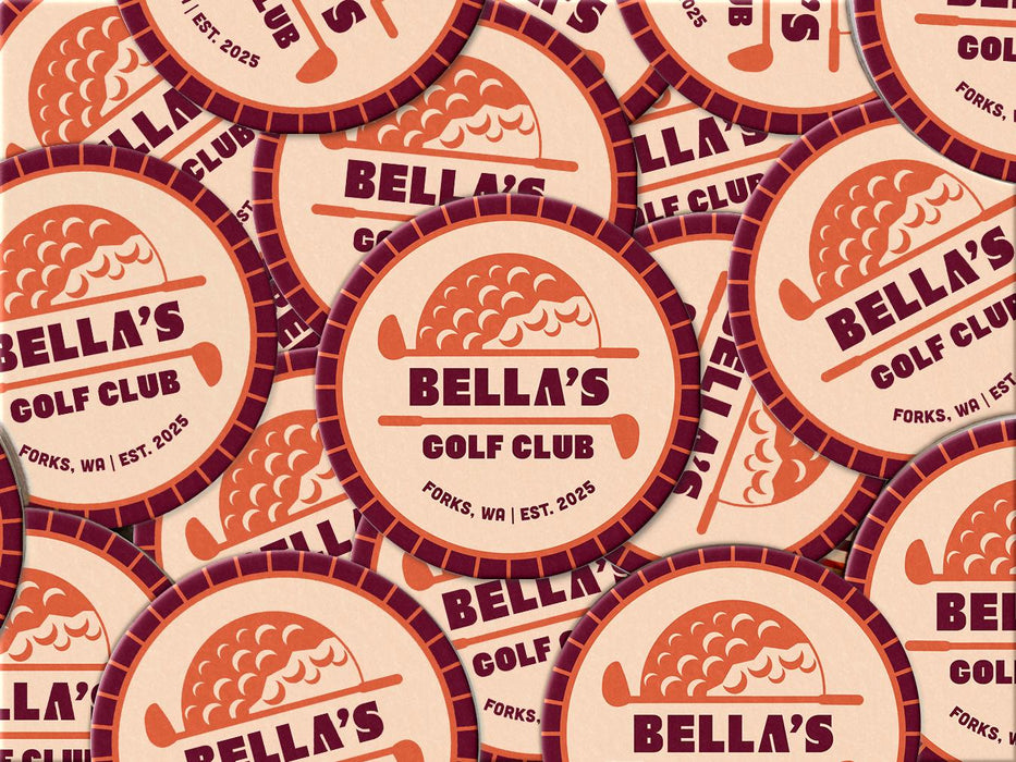Custom round pulpboard coasters are shown spread out on a surface. The custom coasters feature design printed with bold golf imagery, striped radial border, and custom text.