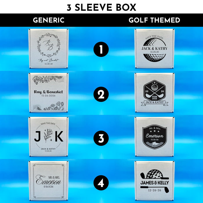 Design selection guide showing all available 2 Sleeve wedding gift box designs. Features customizable wedding and golf-inspired layouts.