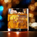 Elegant product photo of the engraved whiskey glass filled with whiskey and ice against a soft bokeh background. The custom “Brandon’s Lounge” design is centered and clearly visible, perfect for showcasing the finished personalized gift.