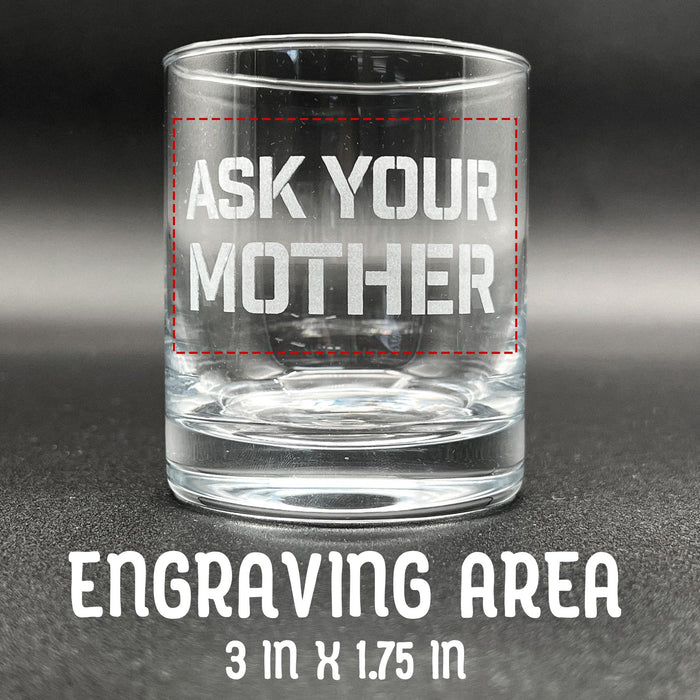 Close-up image of an empty whiskey glass showing the engraving placement area marked at 3 inches by 1.75 inches. Helps visualize design positioning.