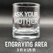 Close-up image of an empty whiskey glass showing the engraving placement area marked at 3 inches by 1.75 inches. Helps visualize design positioning.