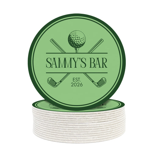 A stack of green circular coasters with the text "SAMMY'S BAR" and "EST 2026" and a golf design printed on them.