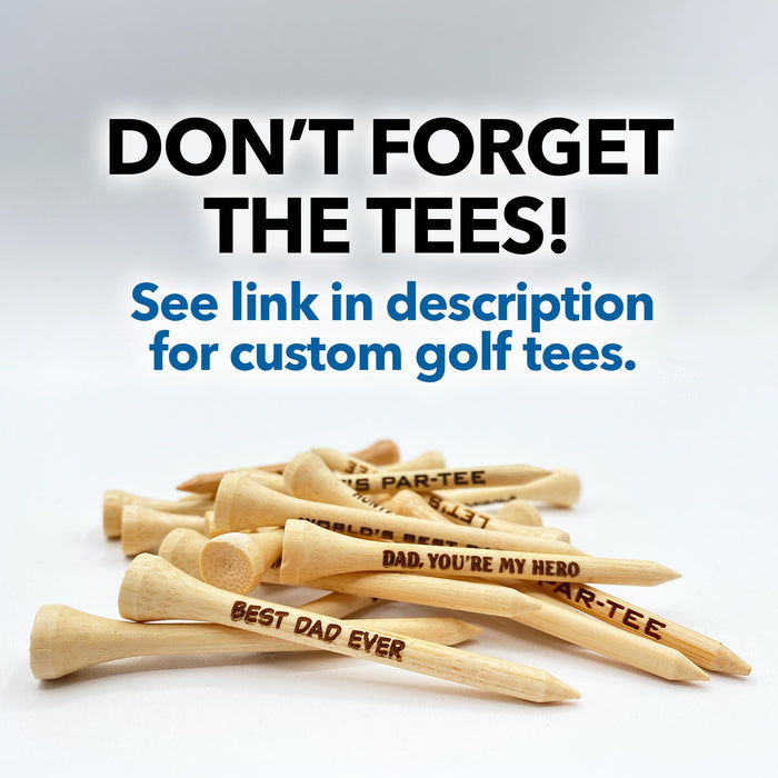 Don’t forget the tees! See link in description for custom golf tees. A pile of golf tees are shown customized with different fonts and text.