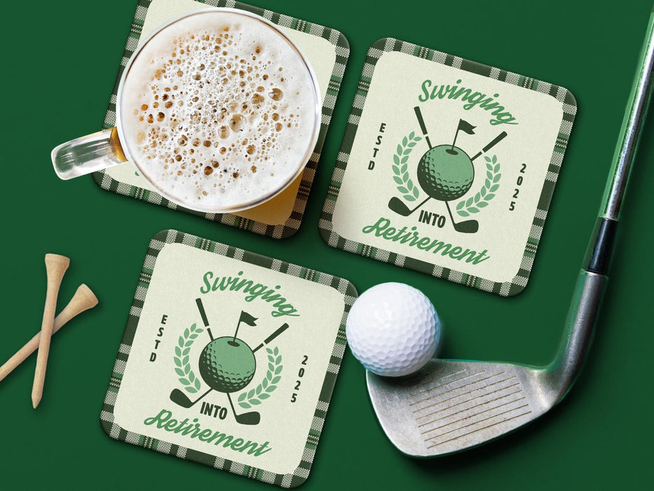 Custom square pulpboard coasters are shown sitting on a blue surface. Golf tees, a golf ball, and a golf club sit beside them. One coaster has a beer glass on top of it. The coaster features design with illustrated golf ball, club, and flag on top with wreath surrounding it, argyle background pattern, and custom text.