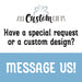 Informational graphic inviting customers to message for custom wedding gift tag requests or personalized foil tag designs. Features All Custom Gifts branding and special order support.