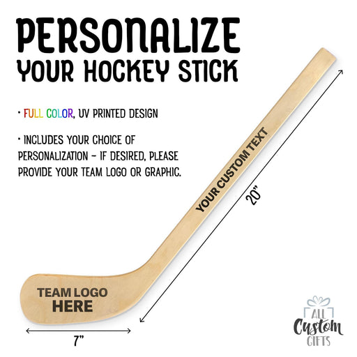 Product overview showing customizable hockey stick layout with logo placement on the blade and custom text along the handle, including size dimensions and design areas.