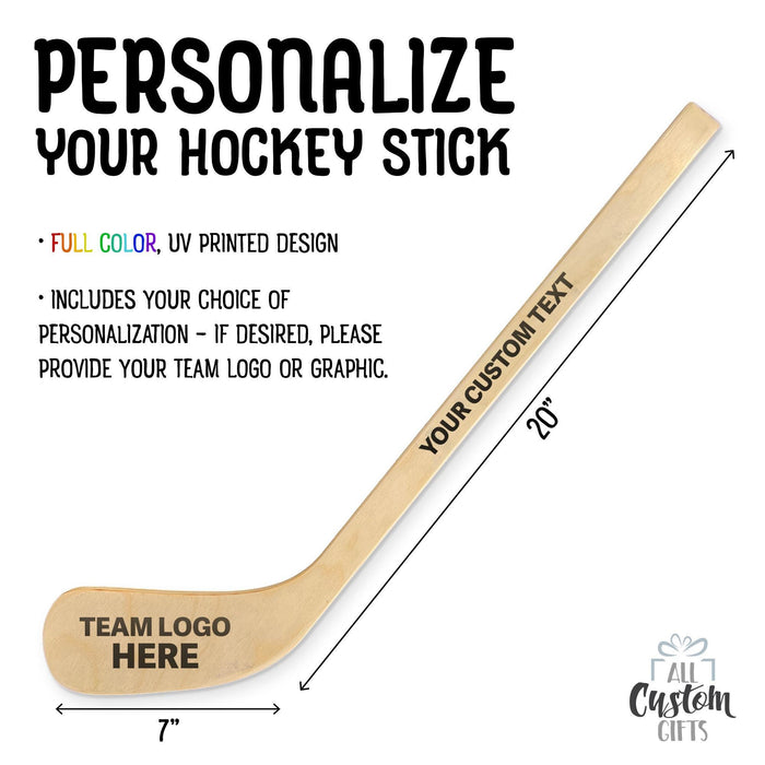 Product overview showing customizable hockey stick layout with logo placement on the blade and custom text along the handle, including size dimensions and design areas.