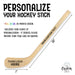 Product overview showing customizable hockey stick layout with logo placement on the blade and custom text along the handle, including size dimensions and design areas.