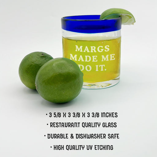 A glass with a lime wedge on top. The text overlay states the glass is: - 3 5/8 inches x 3/8 inches x 3/8 inches - Restaurant quality glass - Durable & dishwasher safe - high quality UV etching