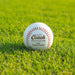 A personalized baseball with red stitching sits on a grassy field, with the text "BEST Coach Ever" engraved on it.