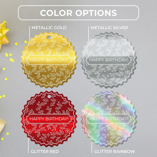 Floral birthday tag color options in metallic gold, metallic silver, glitter red, and glitter rainbow.