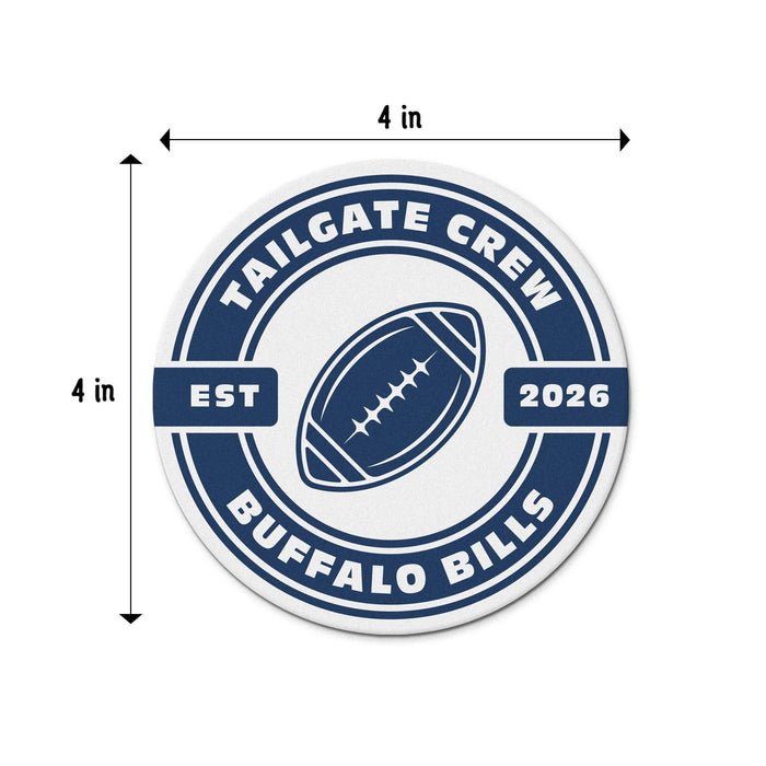Round 4-inch game day coaster shown with width and height measurements and a personalized football design.
