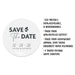 Product details and specifications for personalized Save the Date coasters, including size and material information.