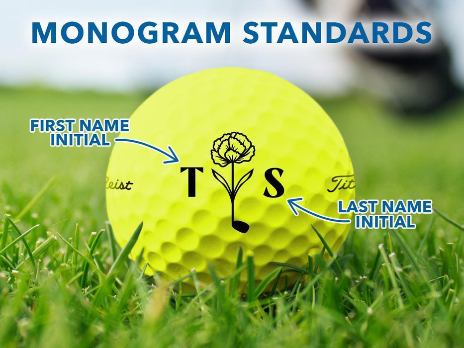 Custom yellow Titleist golf ball shown with a Floral Initial Monogram design printed on it. The golf ball sits on a grassy golf course.